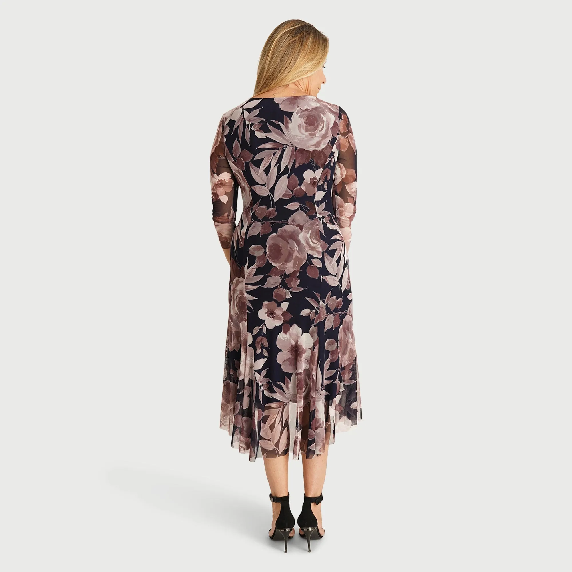 Alora Mauve Floral Mesh Asymmetric Hem Dress
