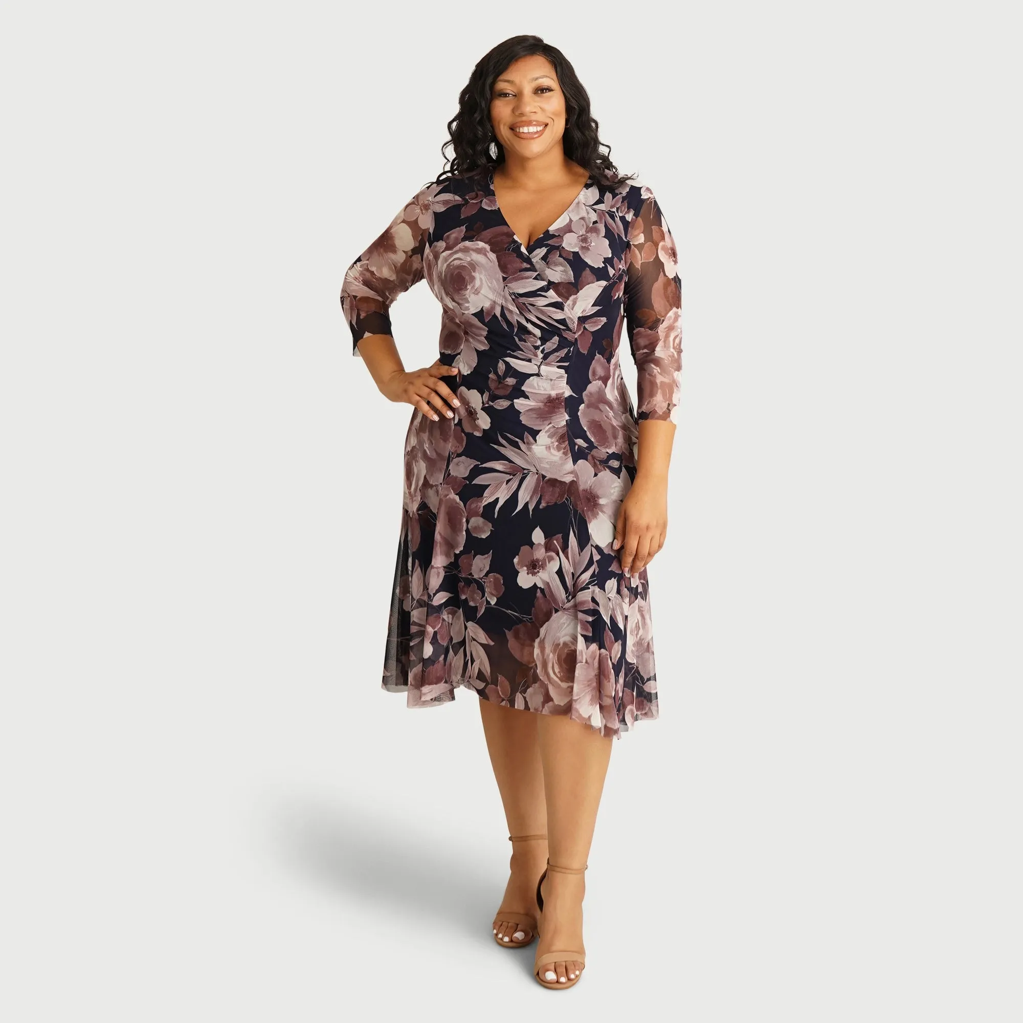 Alora Mauve Floral Mesh Asymmetric Hem Dress