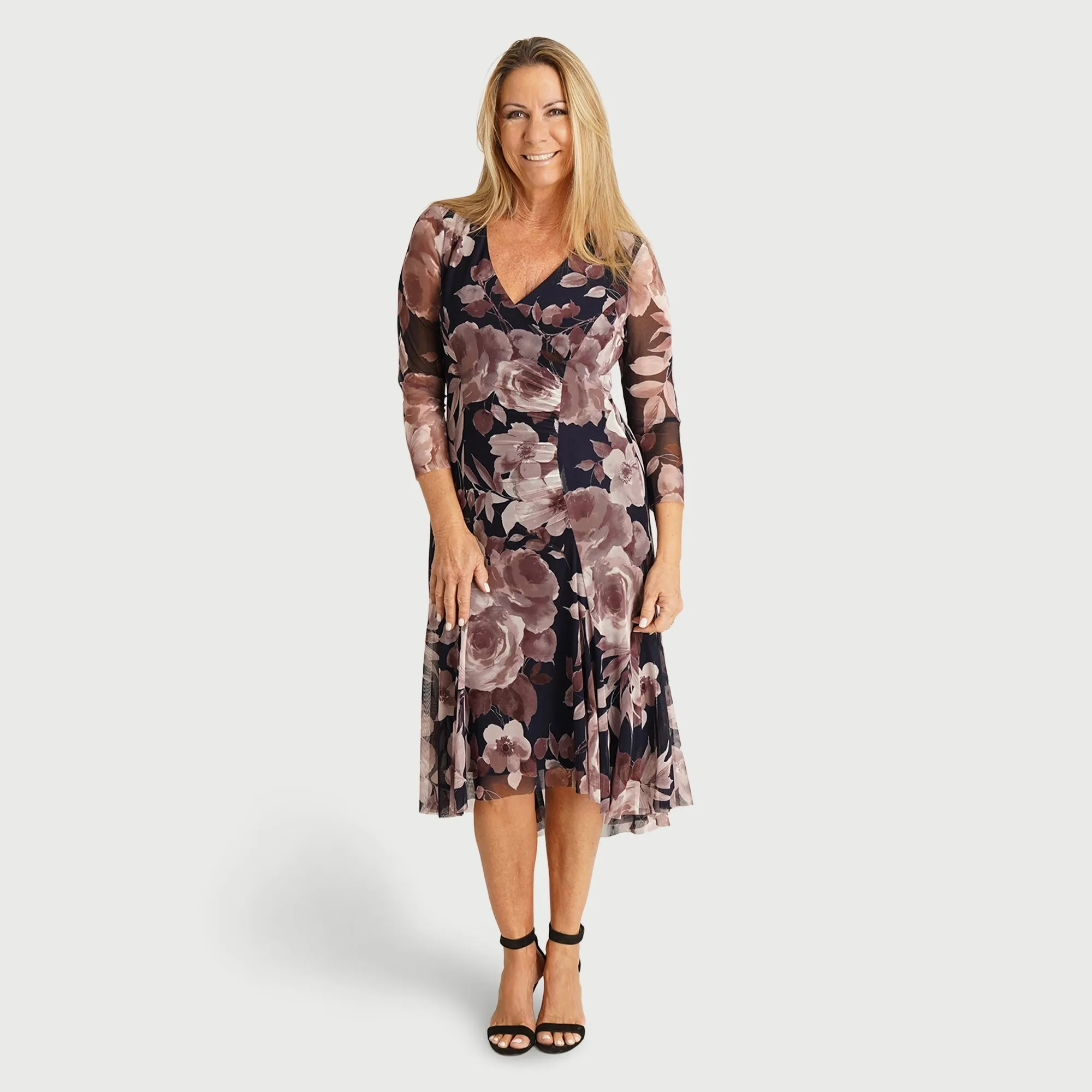 Alora Mauve Floral Mesh Asymmetric Hem Dress