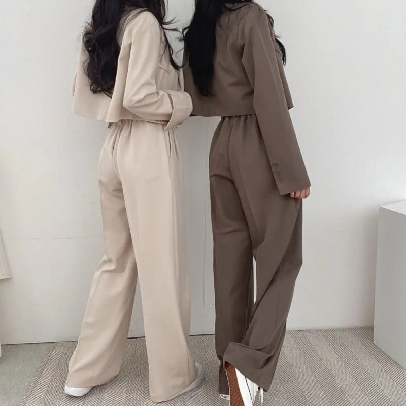 Amozae business casual outfits for women Chic Elegant Lapel Two-Button Long Sleeve Short Coat   High Waist Wide Leg Mopping Suit Trousers Suit