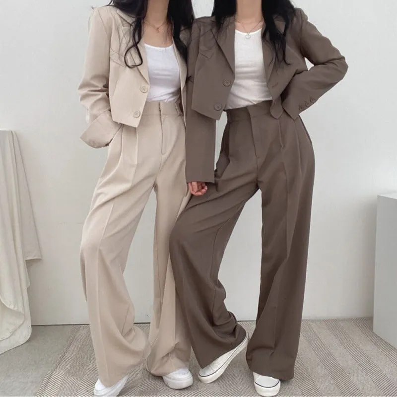 Amozae business casual outfits for women Chic Elegant Lapel Two-Button Long Sleeve Short Coat   High Waist Wide Leg Mopping Suit Trousers Suit