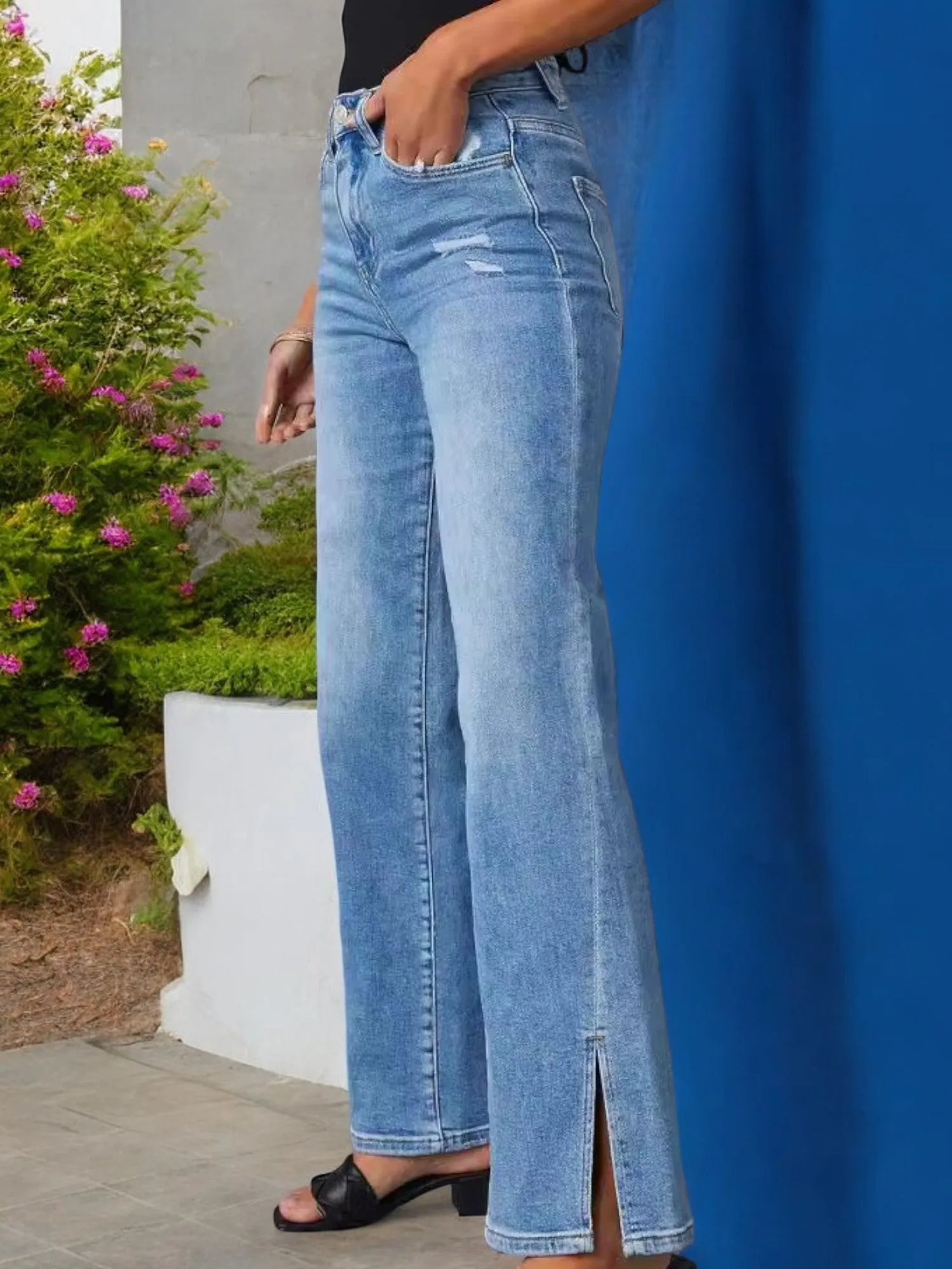 Anna-Kaci Women's High Waist Wide Leg Jeans with Front Slit Hem Detail