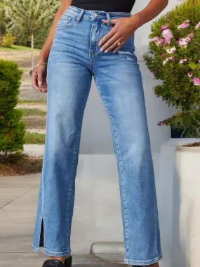 Anna-Kaci Women's High Waist Wide Leg Jeans with Front Slit Hem Detail