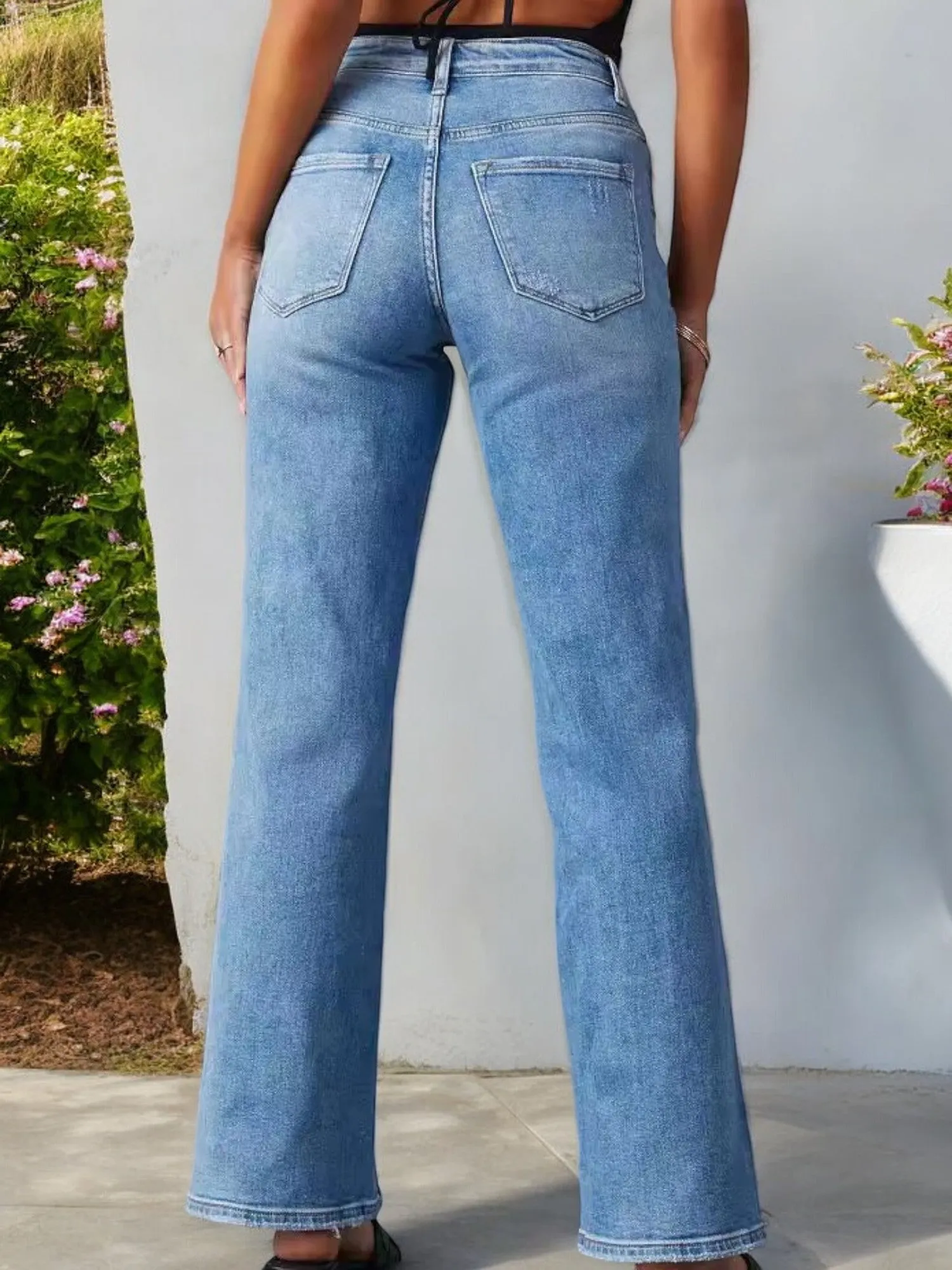 Anna-Kaci Women's High Waist Wide Leg Jeans with Front Slit Hem Detail