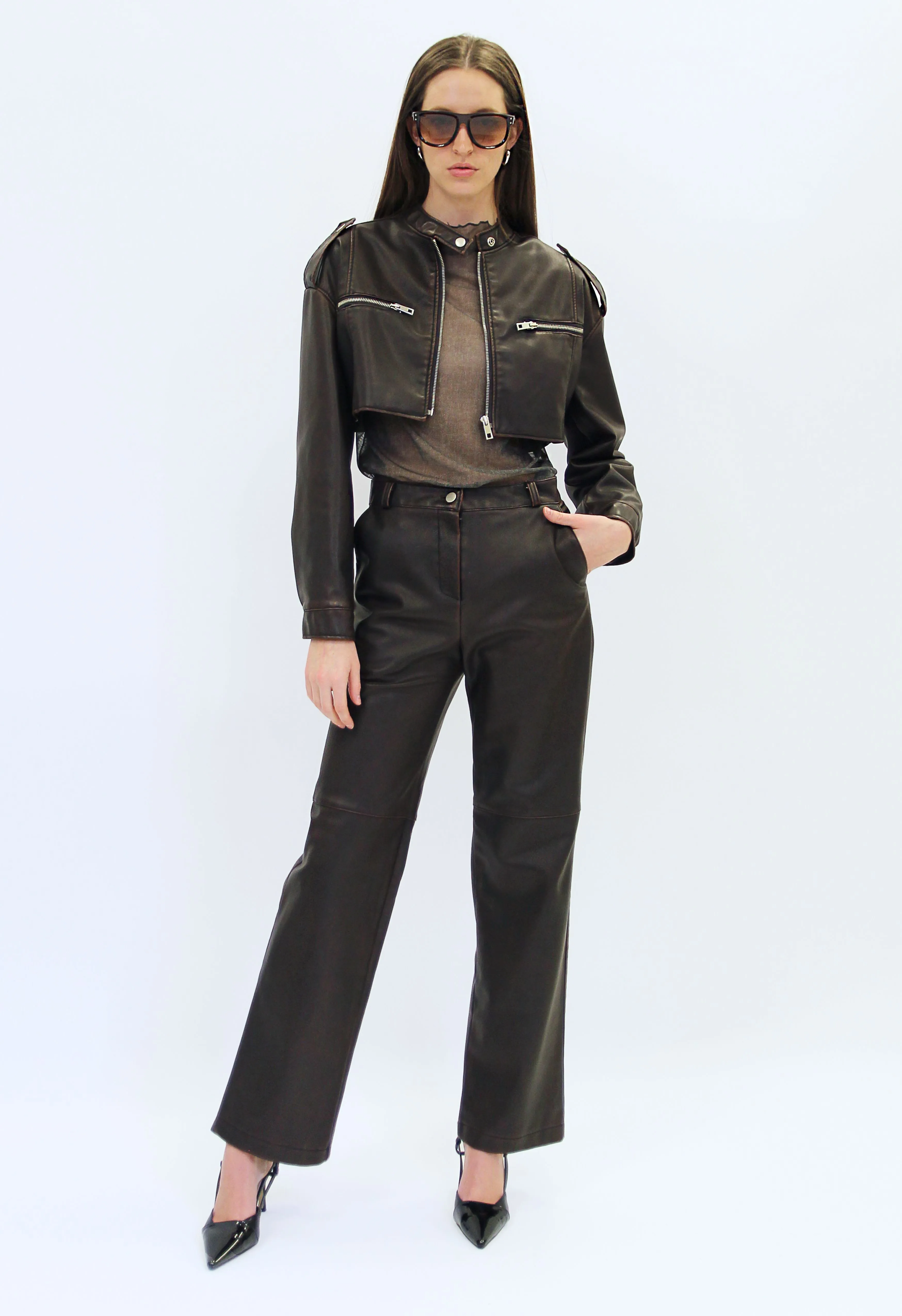 Brown Leather Cropped Jacket
