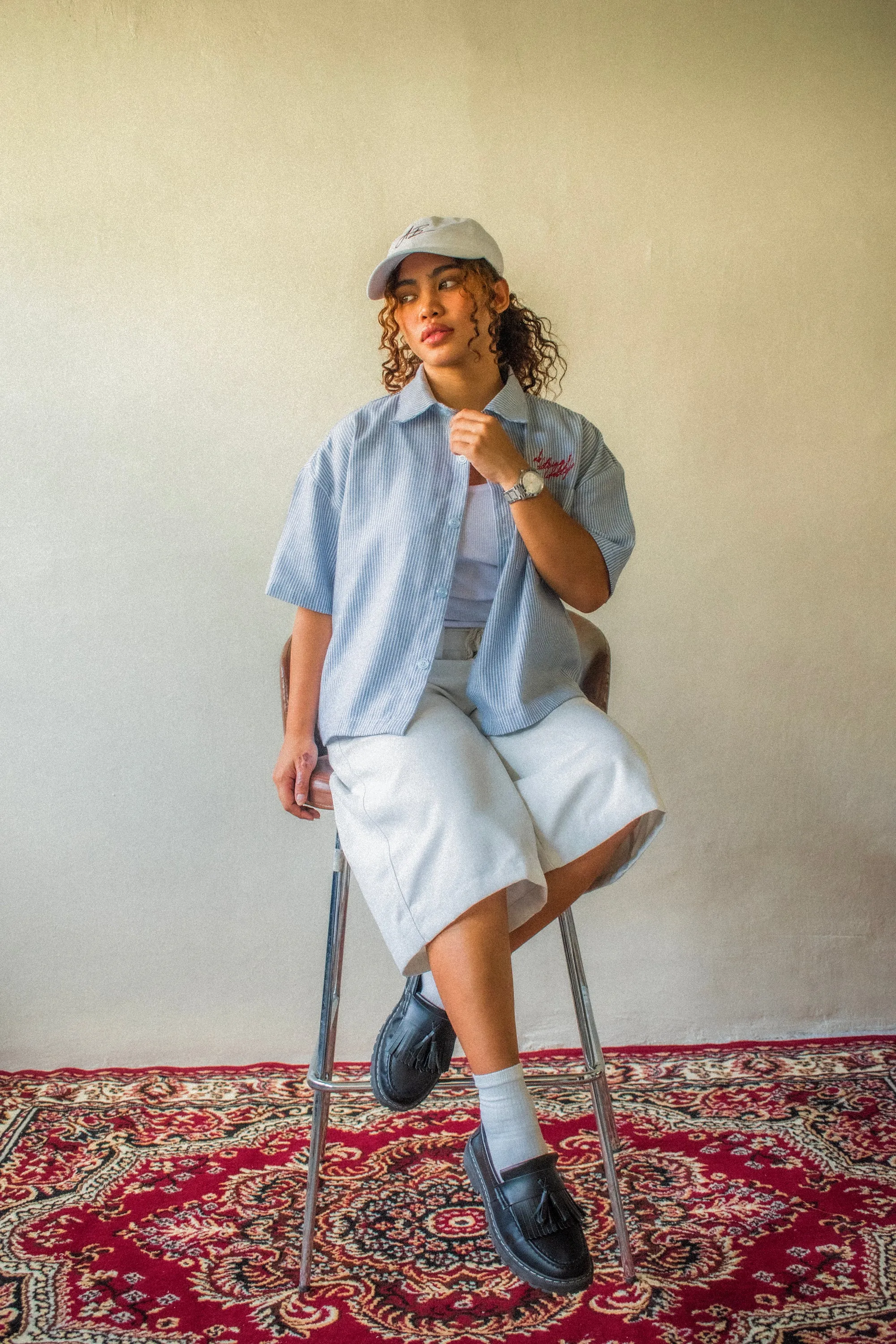 cropped polo shirt | button-down | drop shoulder | box fit | retro striped | cold blue