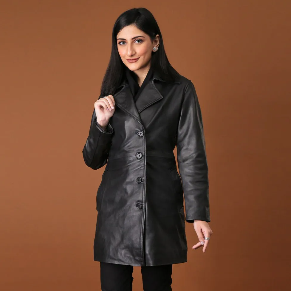 Elegant Handmade Black Leather Trench Coat for Women