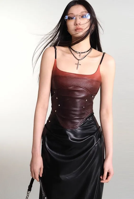 Gradient Studded Leather Camisole Dress