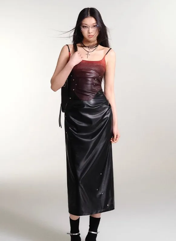 Gradient Studded Leather Camisole Dress