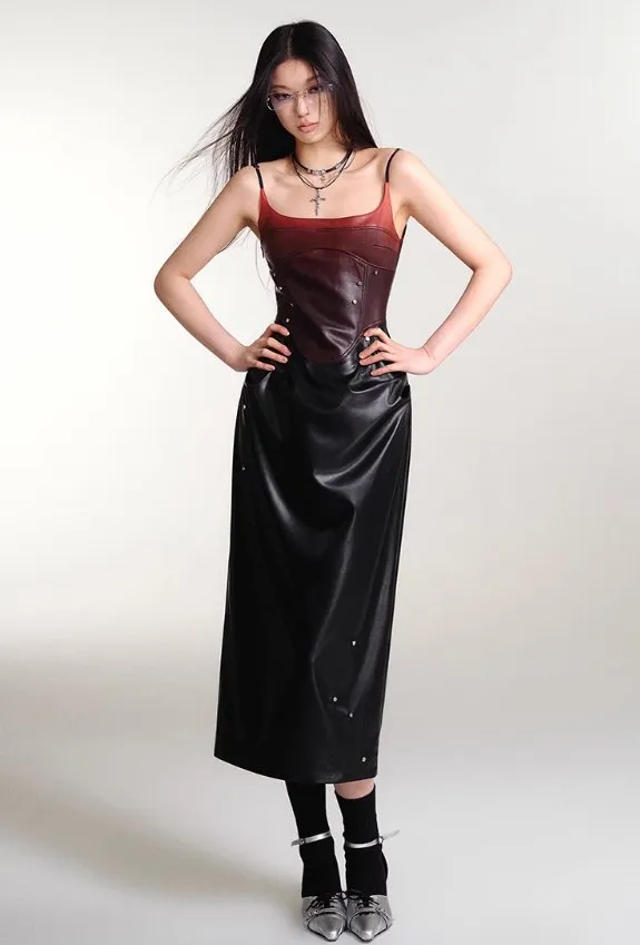 Gradient Studded Leather Camisole Dress