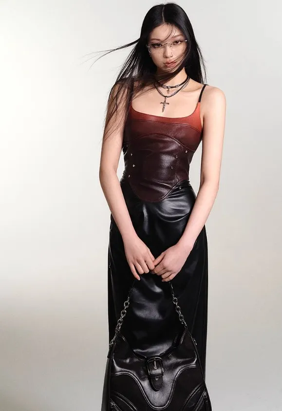 Gradient Studded Leather Camisole Dress