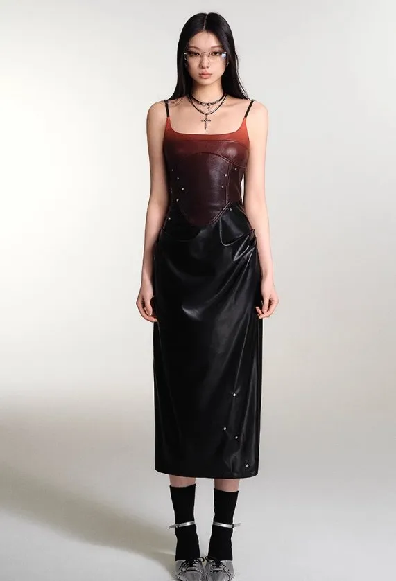 Gradient Studded Leather Camisole Dress