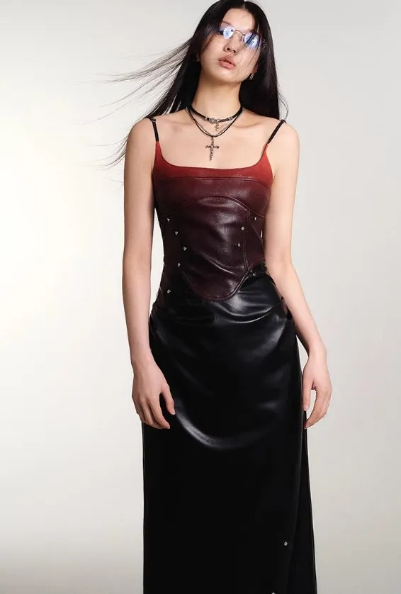 Gradient Studded Leather Camisole Dress