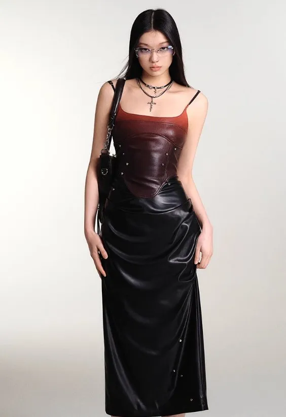 Gradient Studded Leather Camisole Dress