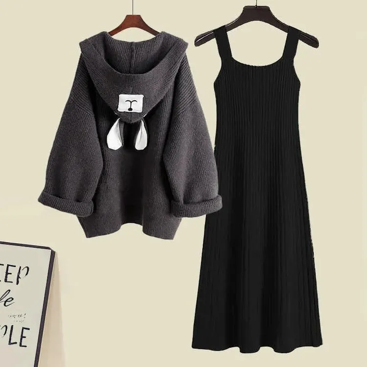 Kawaii Hooded Bear Ears Cardigan Sweater Slip Dress Two Piece Set