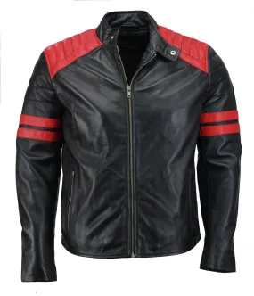 Men’s Black and Red Biker Leather Jacket with Striped Arms and Quilted Shoulders