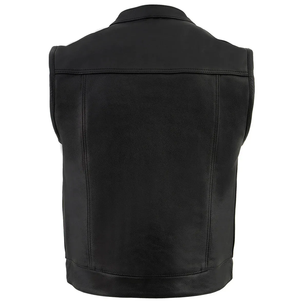 Men's Black Motorcycle Club Style Leather Vest with Concealed Snap Button Closure