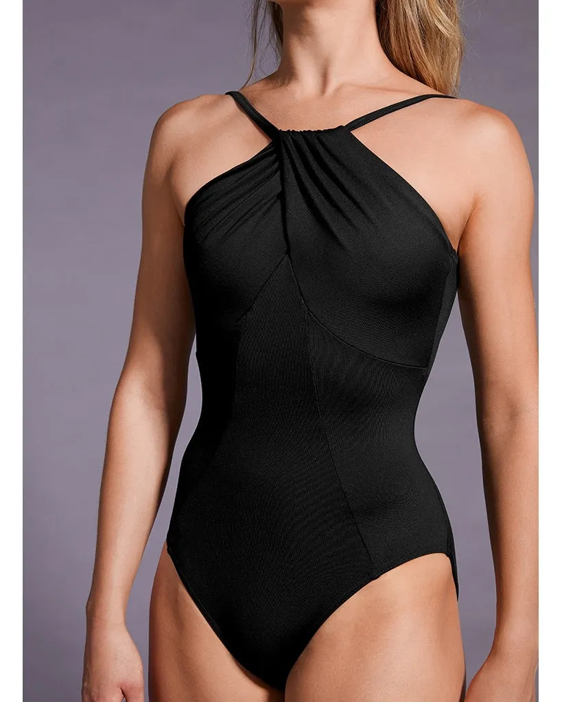 Mirella Black Label High Neck Gather Detail Low Back Camisole Leotard - MB7229 Womens