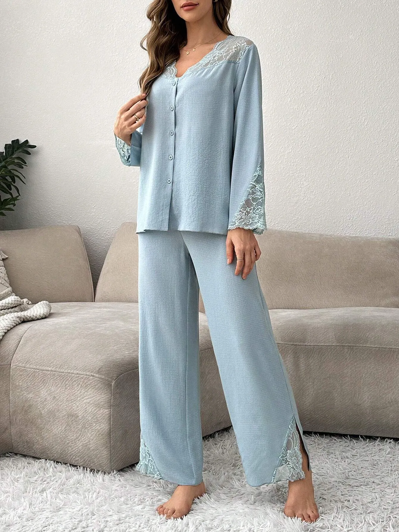 SHEIN Women's Contrast Lace Cardigan And Pajama Set