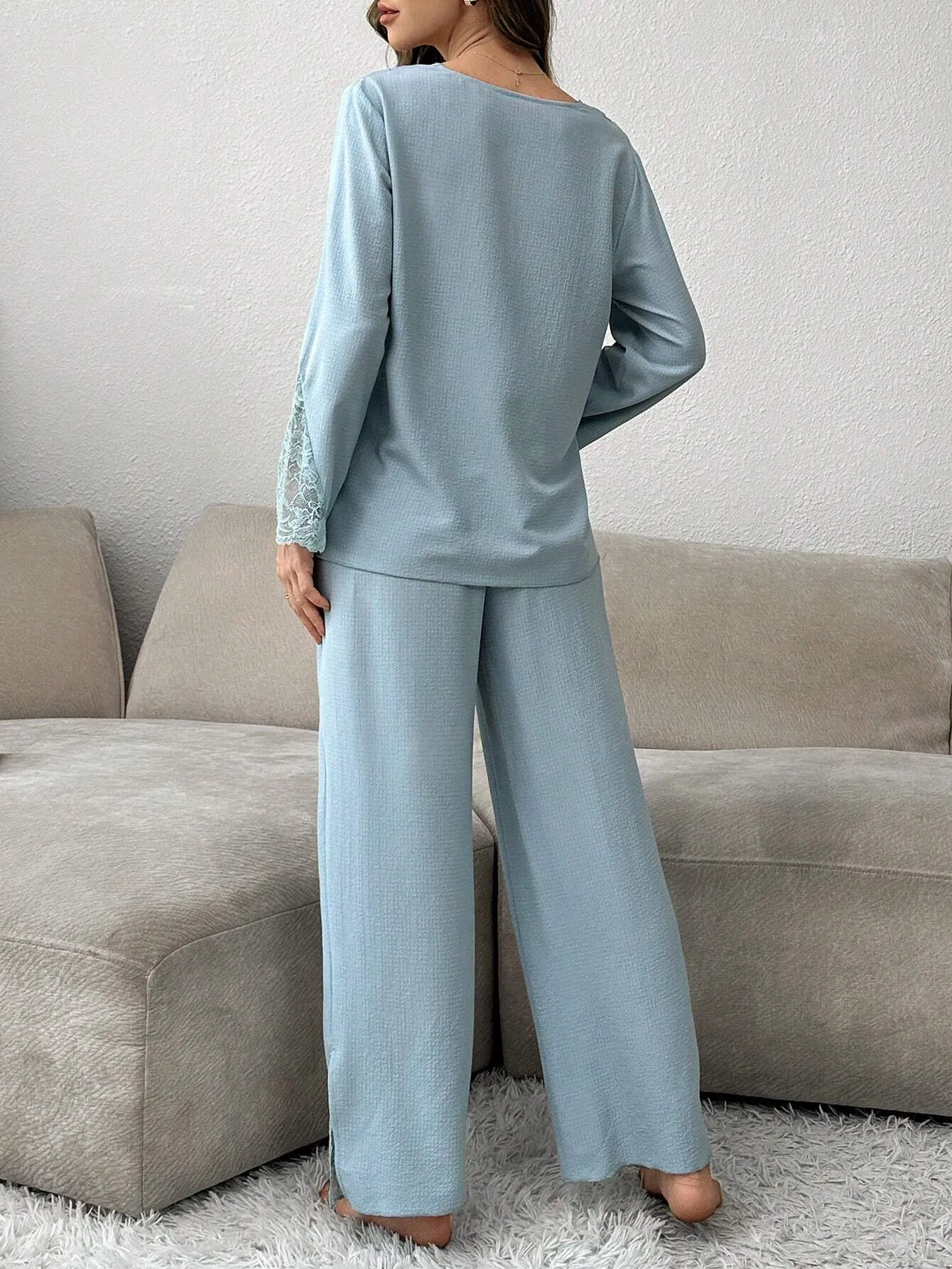 SHEIN Women's Contrast Lace Cardigan And Pajama Set
