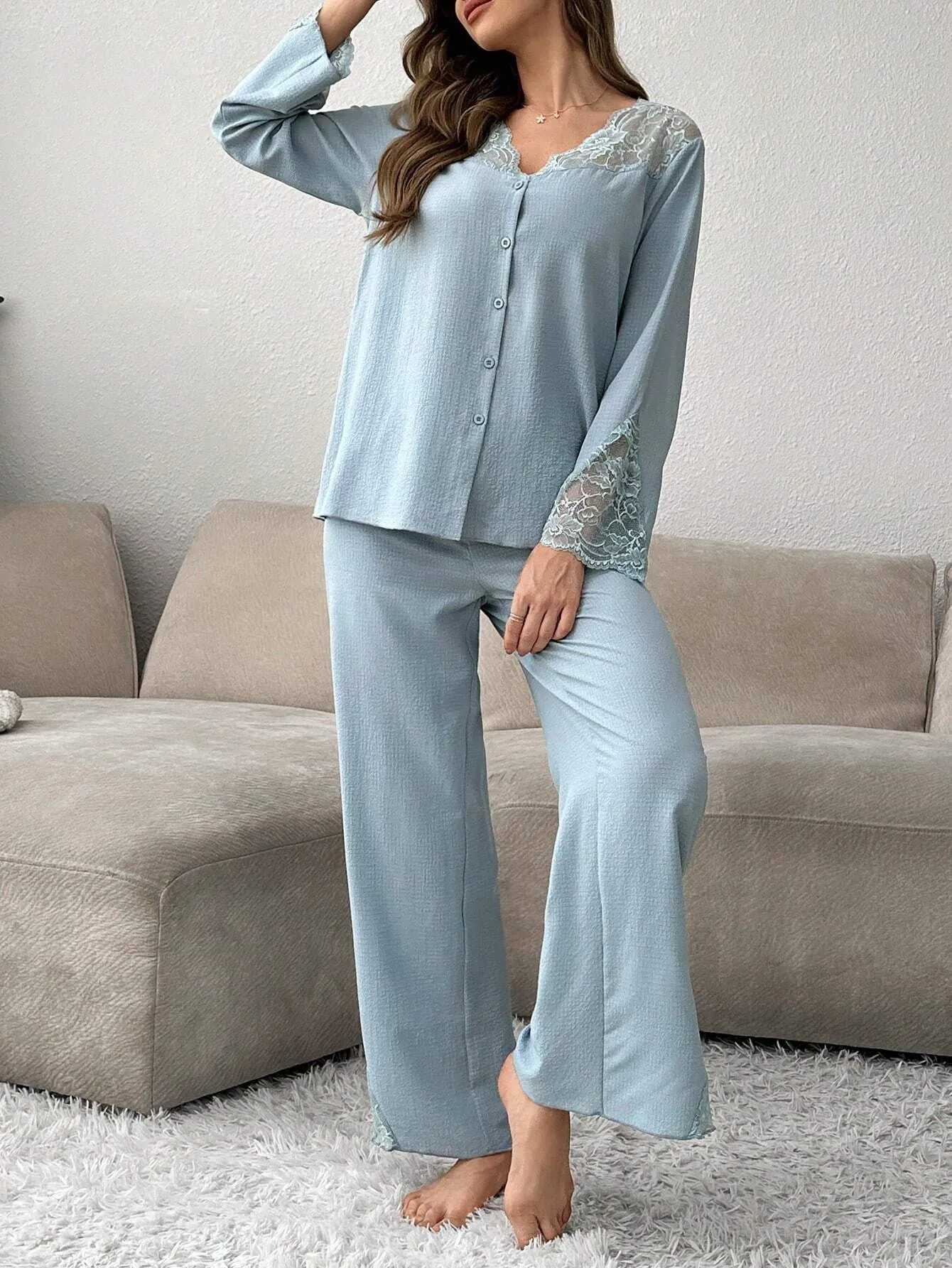 SHEIN Women's Contrast Lace Cardigan And Pajama Set
