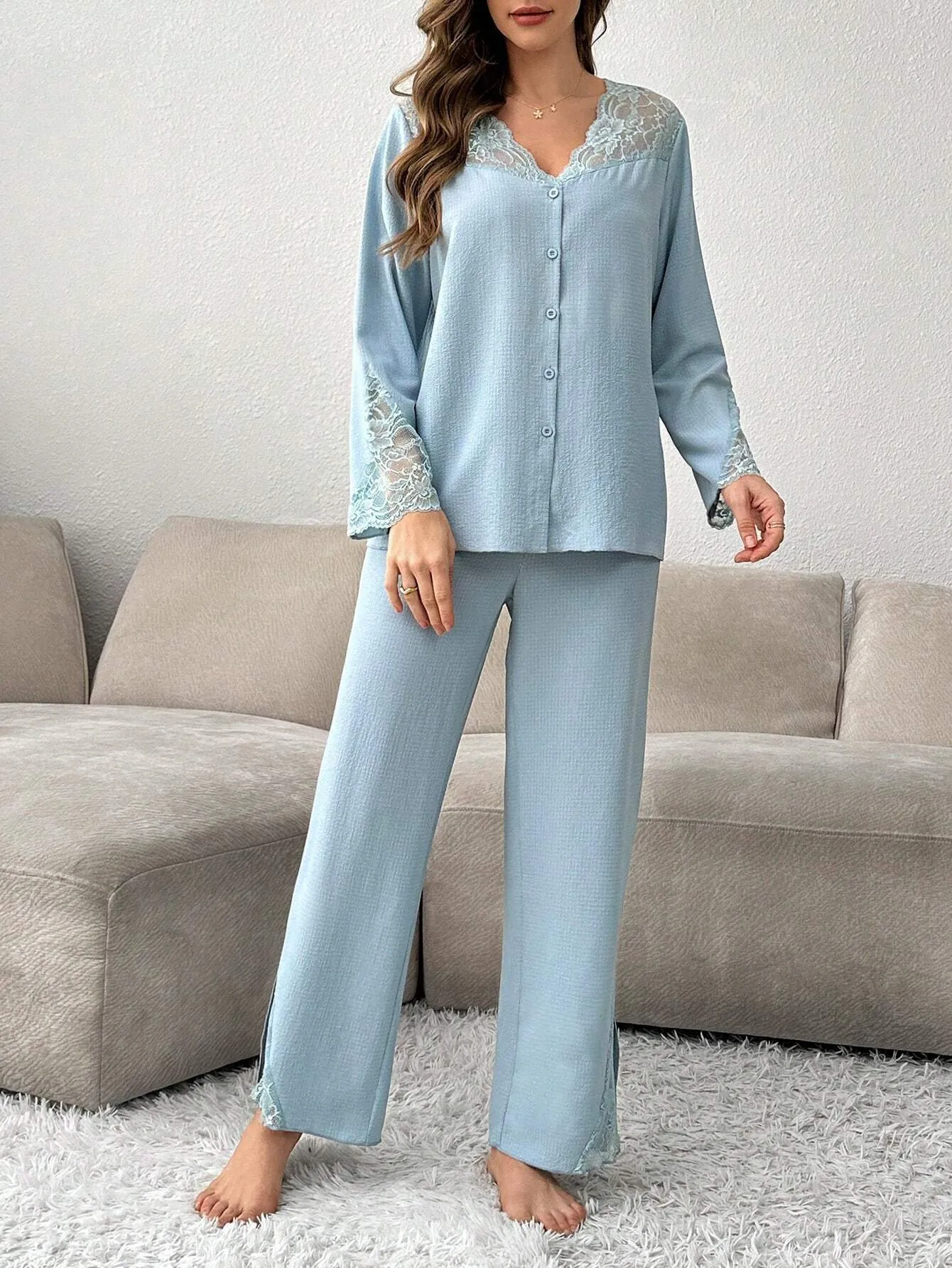 SHEIN Women's Contrast Lace Cardigan And Pajama Set