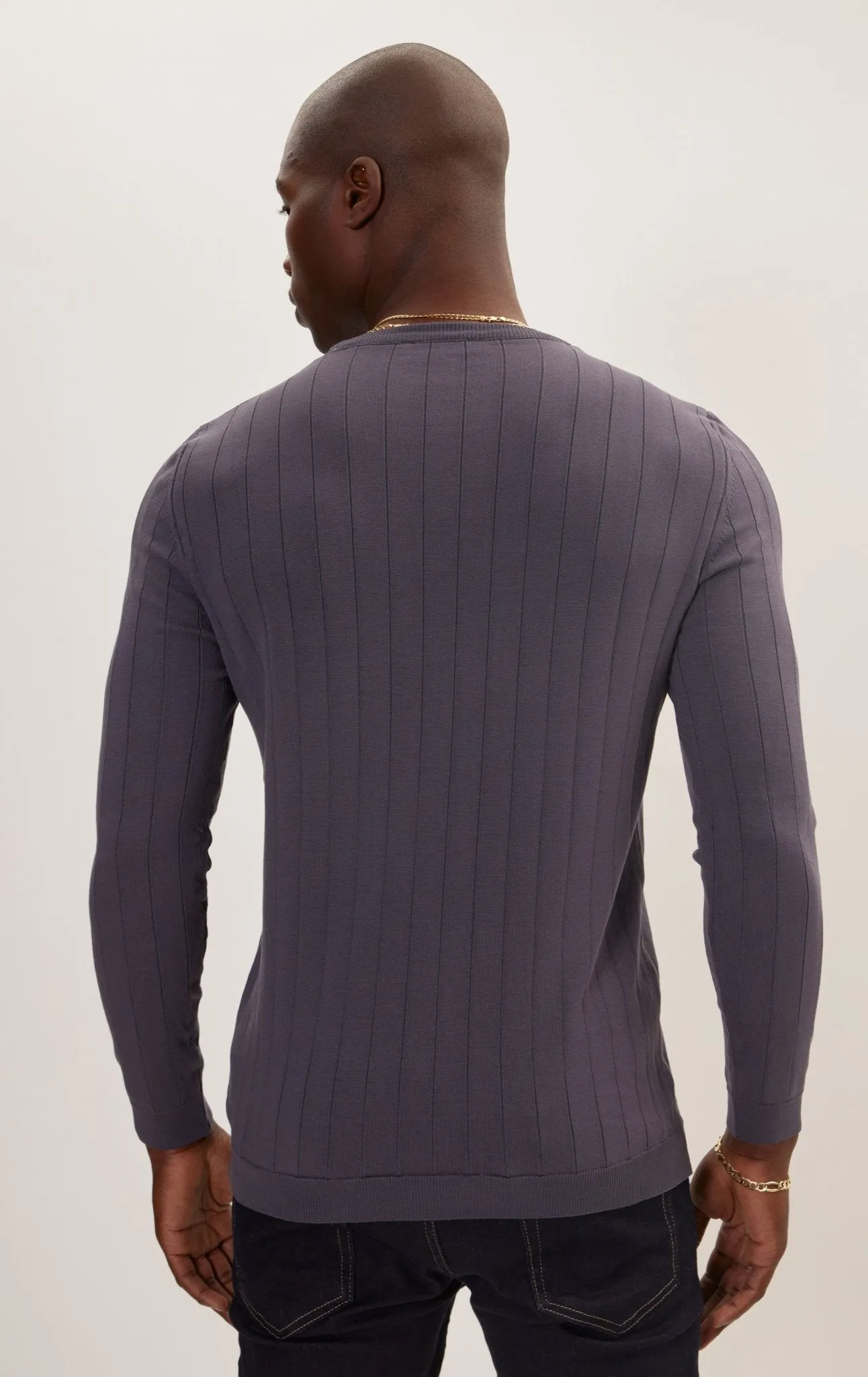 Slip-Stitch Crew Neck Long Sleeve Sweater - Anthracite