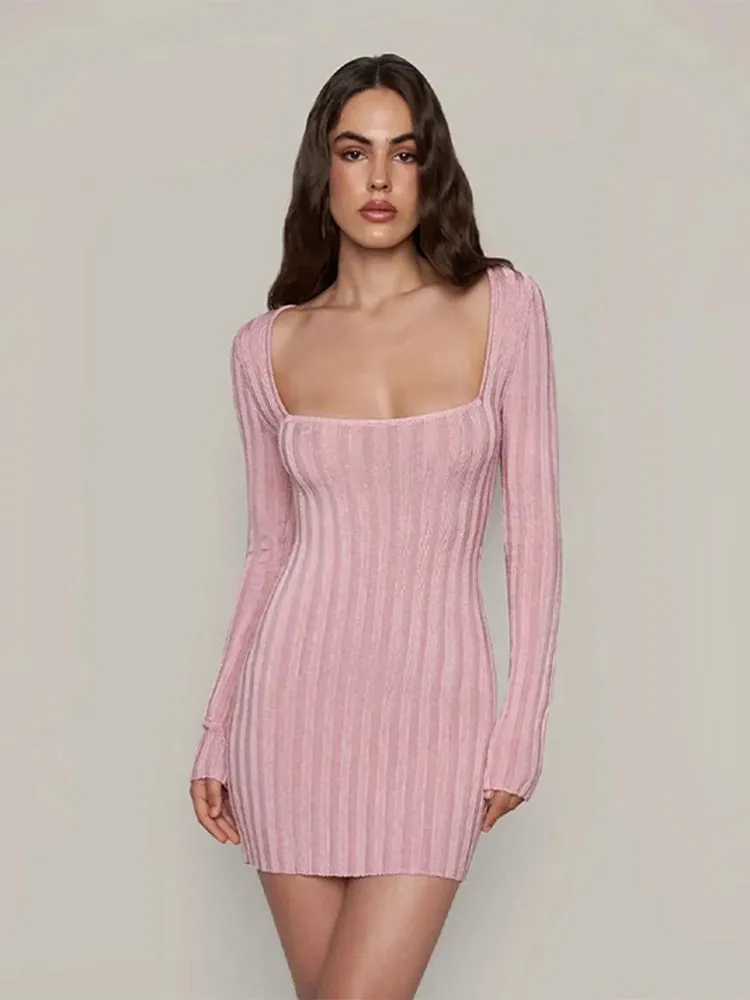 Square Neck Long Sleeve Ribbed Mini Dress – Perfect for Fall & Winter
