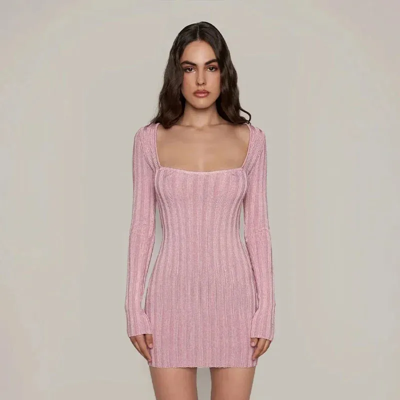 Square Neck Long Sleeve Ribbed Mini Dress – Perfect for Fall & Winter