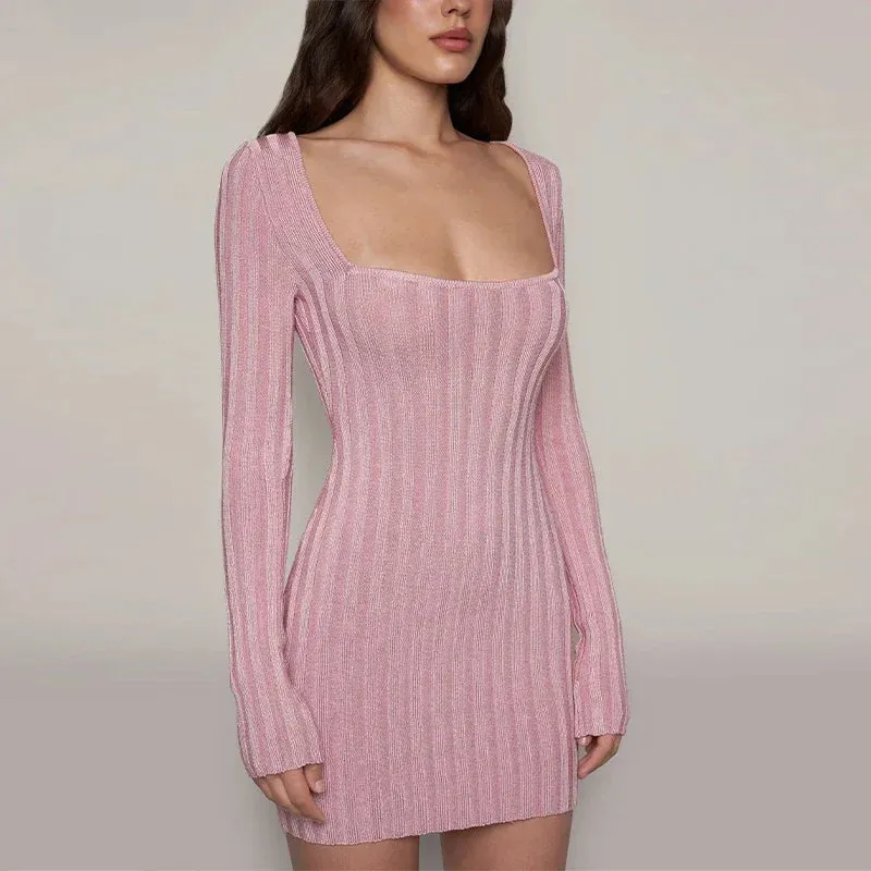 Square Neck Long Sleeve Ribbed Mini Dress – Perfect for Fall & Winter
