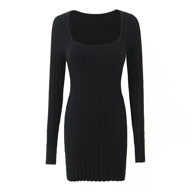 Square Neck Long Sleeve Ribbed Mini Dress – Perfect for Fall & Winter