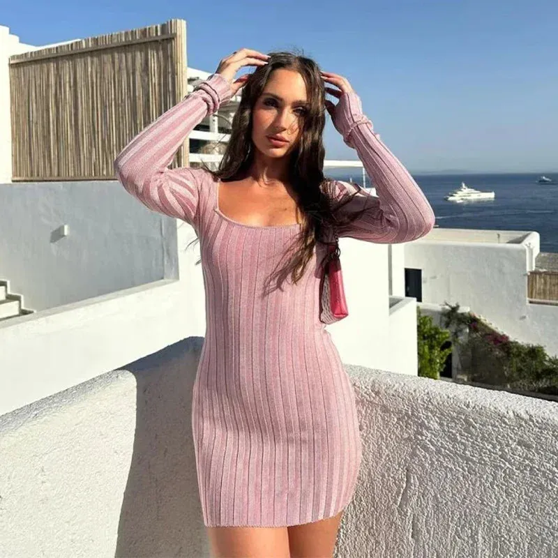 Square Neck Long Sleeve Ribbed Mini Dress – Perfect for Fall & Winter