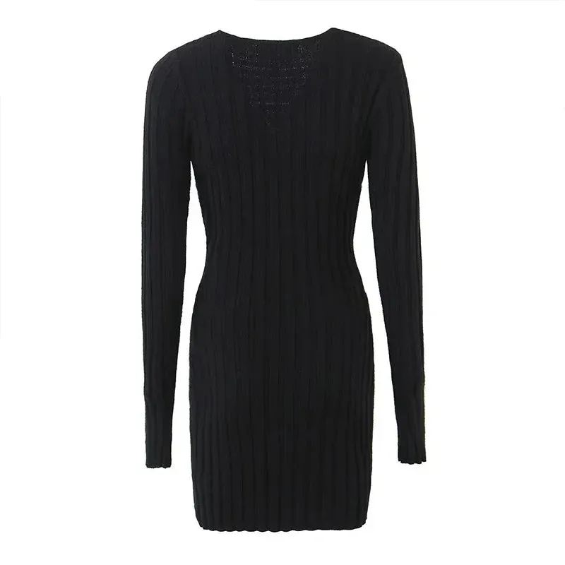 Square Neck Long Sleeve Ribbed Mini Dress – Perfect for Fall & Winter