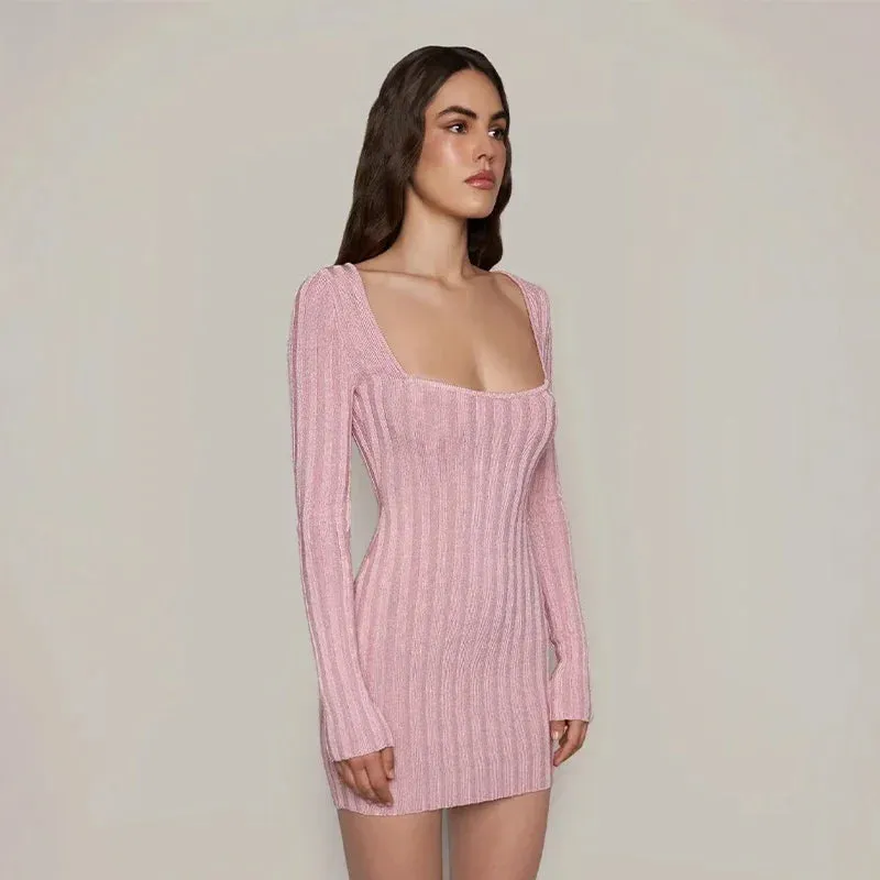 Square Neck Long Sleeve Ribbed Mini Dress – Perfect for Fall & Winter