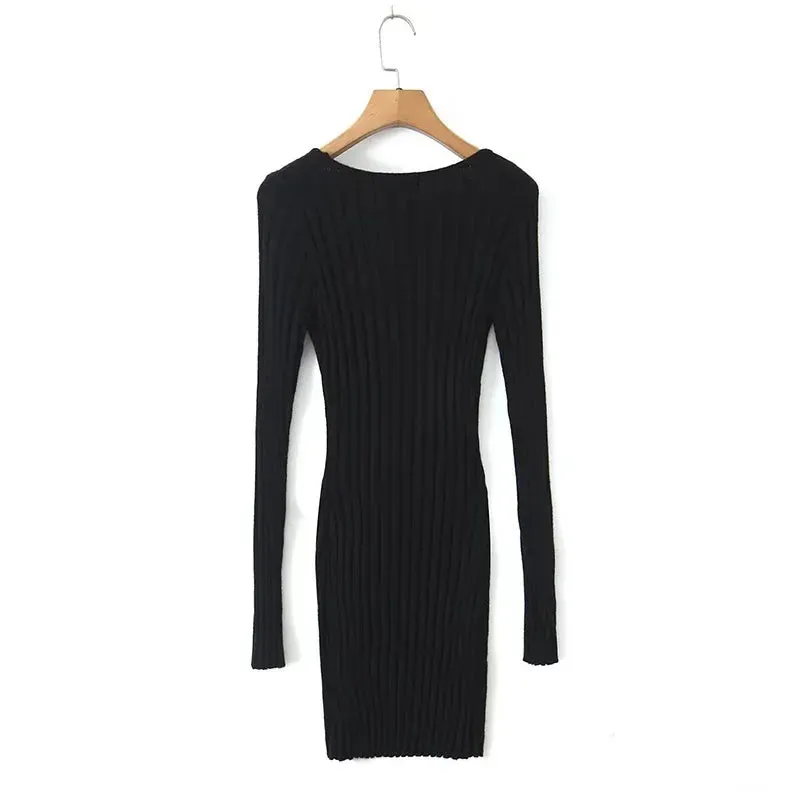Square Neck Long Sleeve Ribbed Mini Dress – Perfect for Fall & Winter