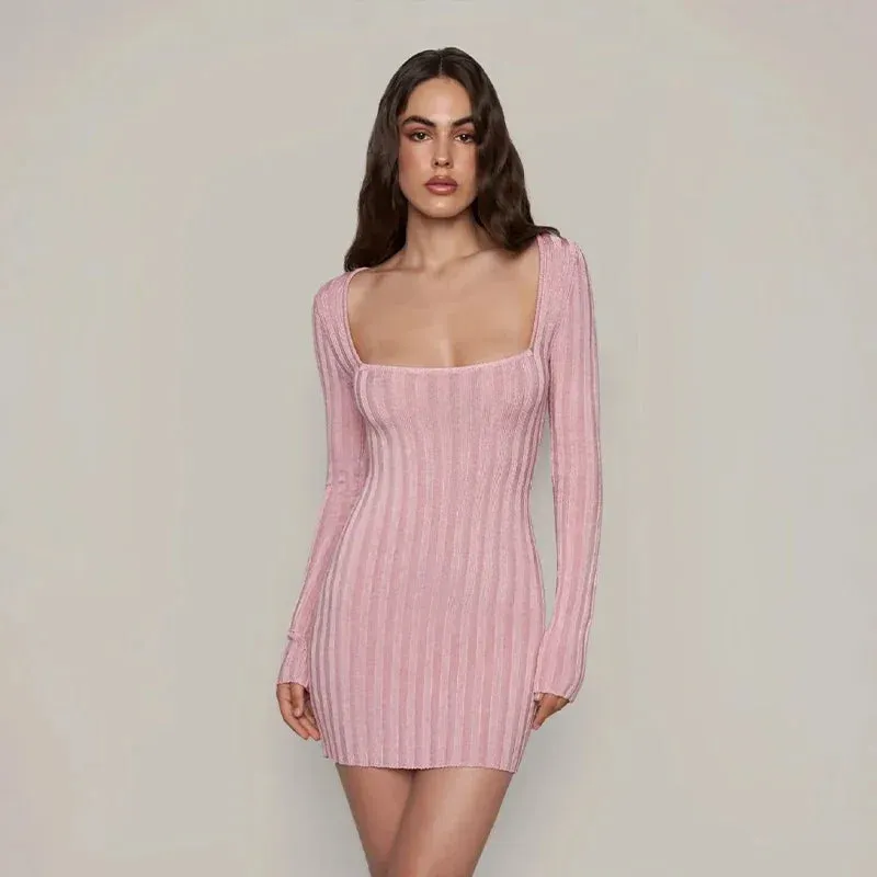 Square Neck Long Sleeve Ribbed Mini Dress – Perfect for Fall & Winter