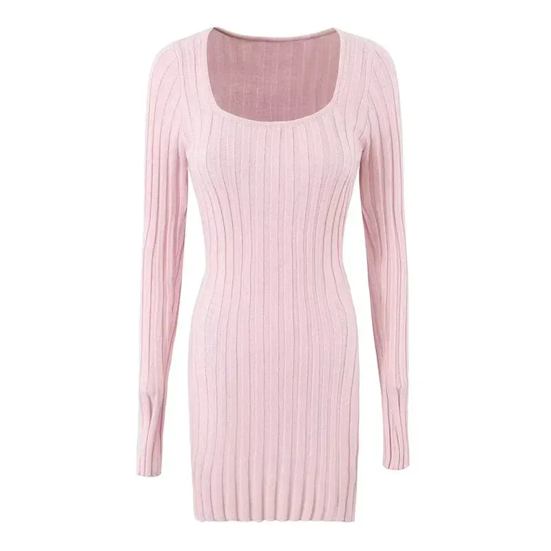 Square Neck Long Sleeve Ribbed Mini Dress – Perfect for Fall & Winter