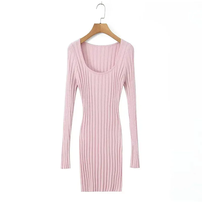 Square Neck Long Sleeve Ribbed Mini Dress – Perfect for Fall & Winter