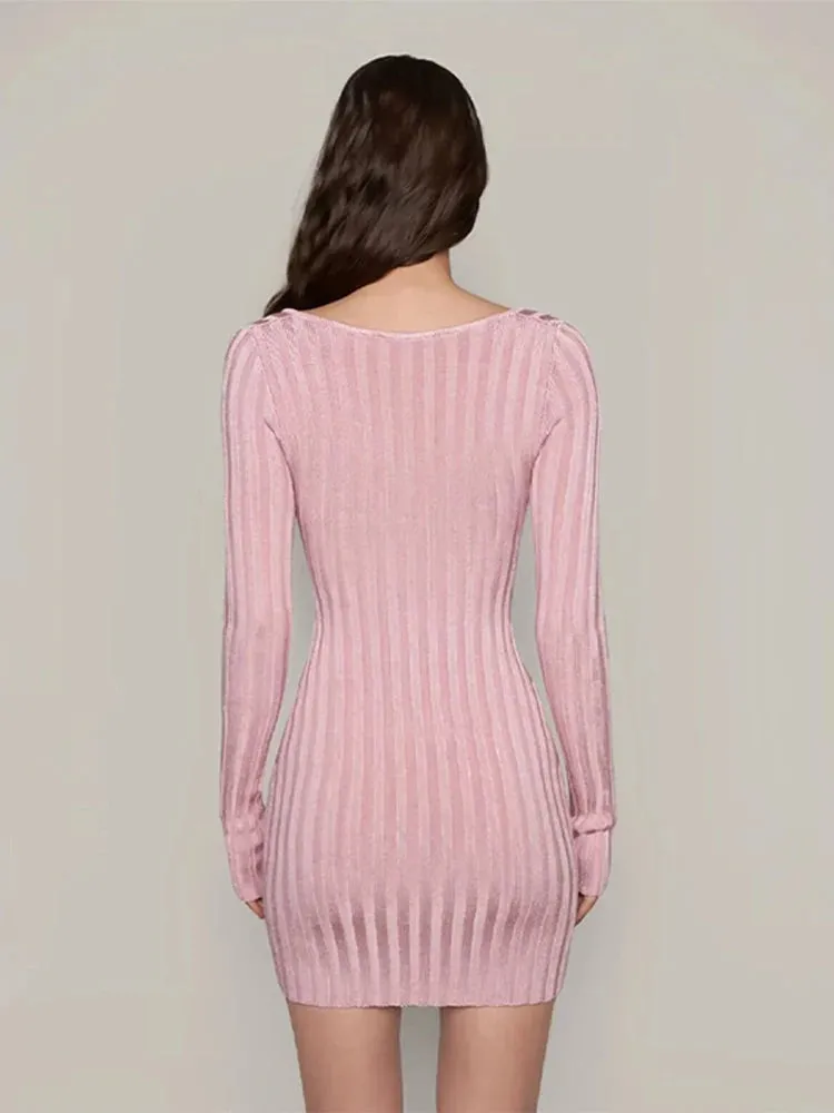 Square Neck Long Sleeve Ribbed Mini Dress – Perfect for Fall & Winter