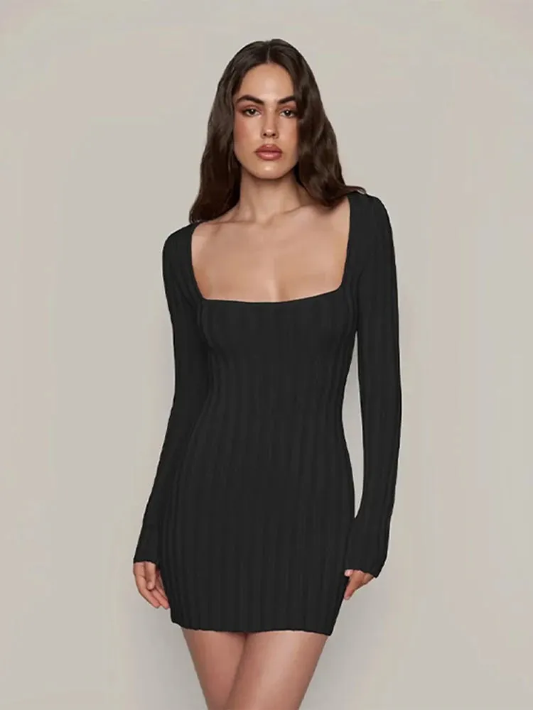 Square Neck Long Sleeve Ribbed Mini Dress – Perfect for Fall & Winter