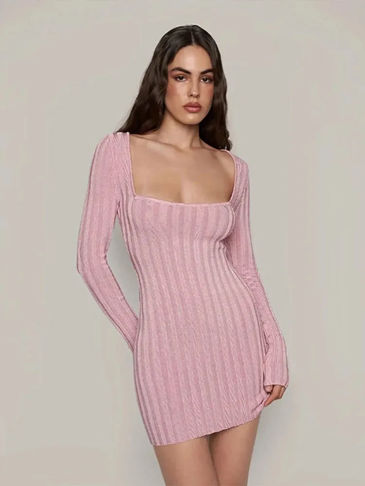 Square Neck Long Sleeve Ribbed Mini Dress – Perfect for Fall & Winter