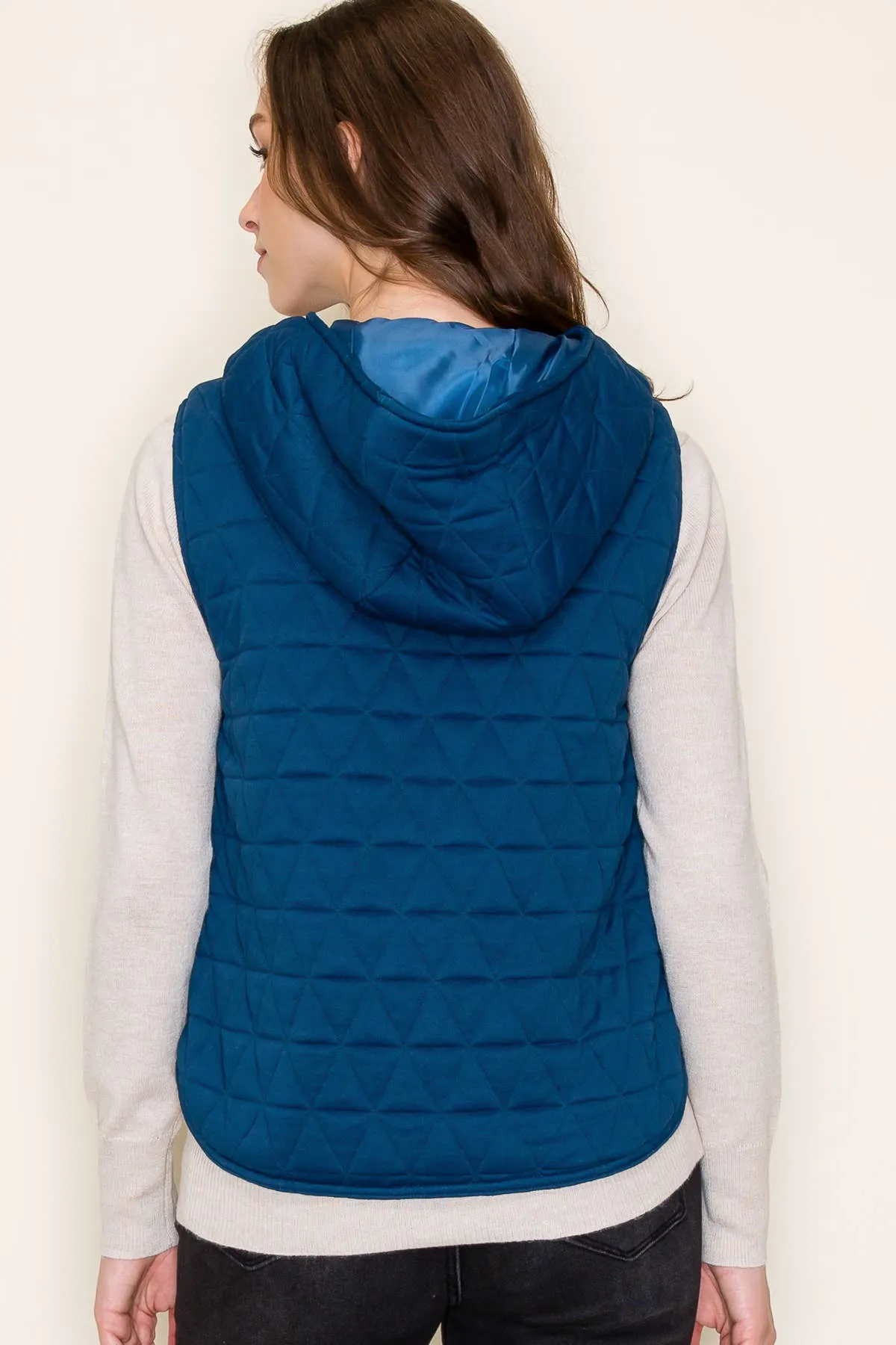 Teal Hooded Quilted Knit Vest with Zipper Closure and Pockets
