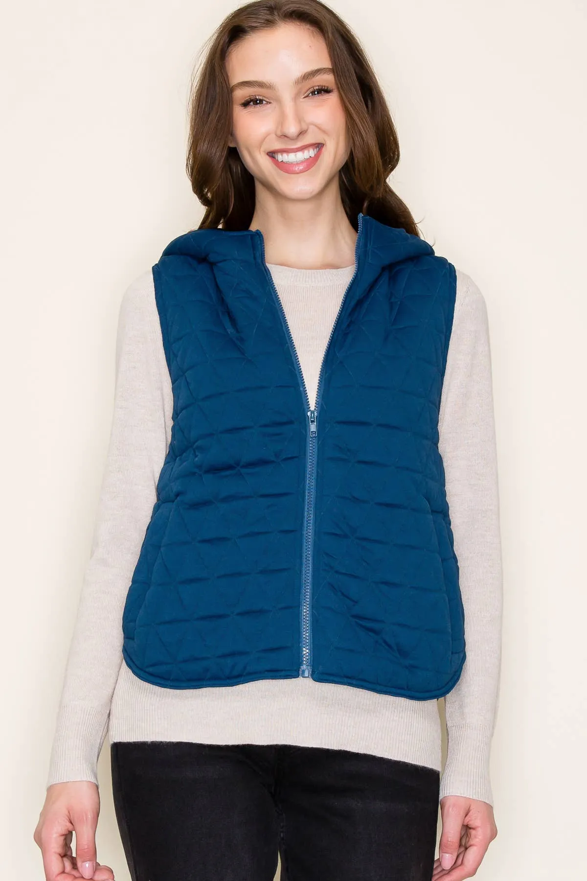 Teal Hooded Quilted Knit Vest with Zipper Closure and Pockets