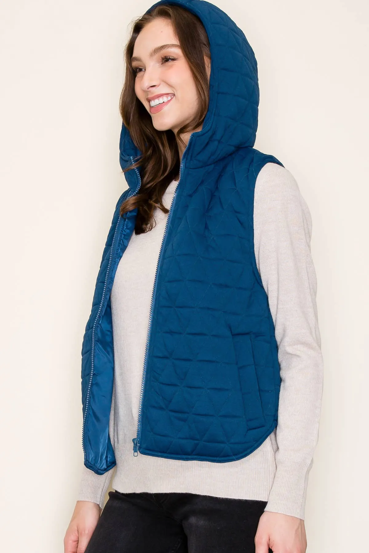Teal Hooded Quilted Knit Vest with Zipper Closure and Pockets
