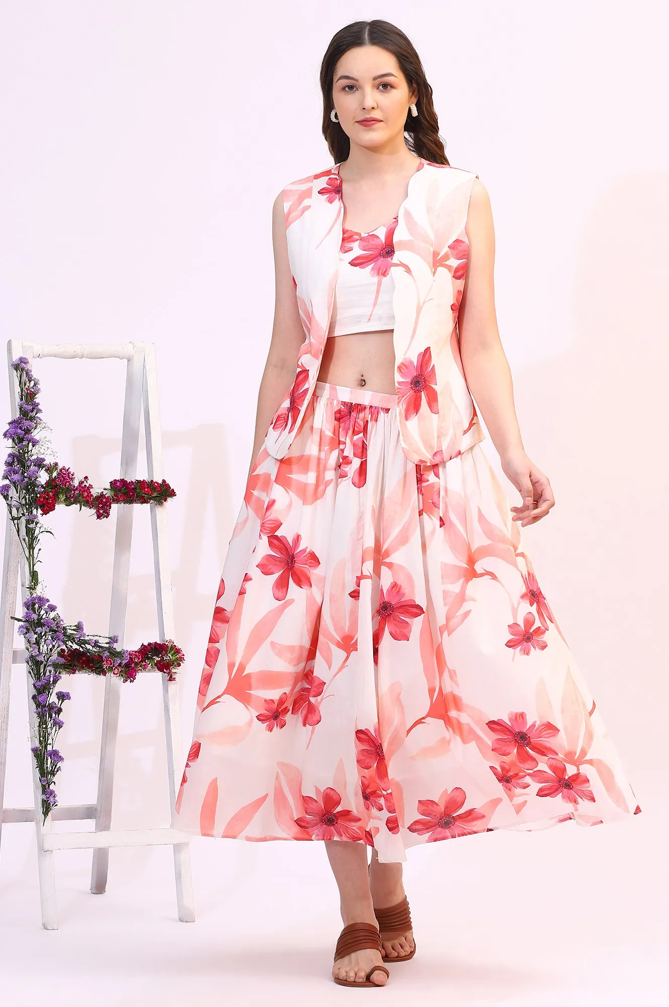 Wite Bold Floral Printed Pure Cotton Crop Top, Gilet and Skirt Set