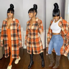 Women's Casual Plaid Flap Detail Drop Shoulder Button Up Shacket