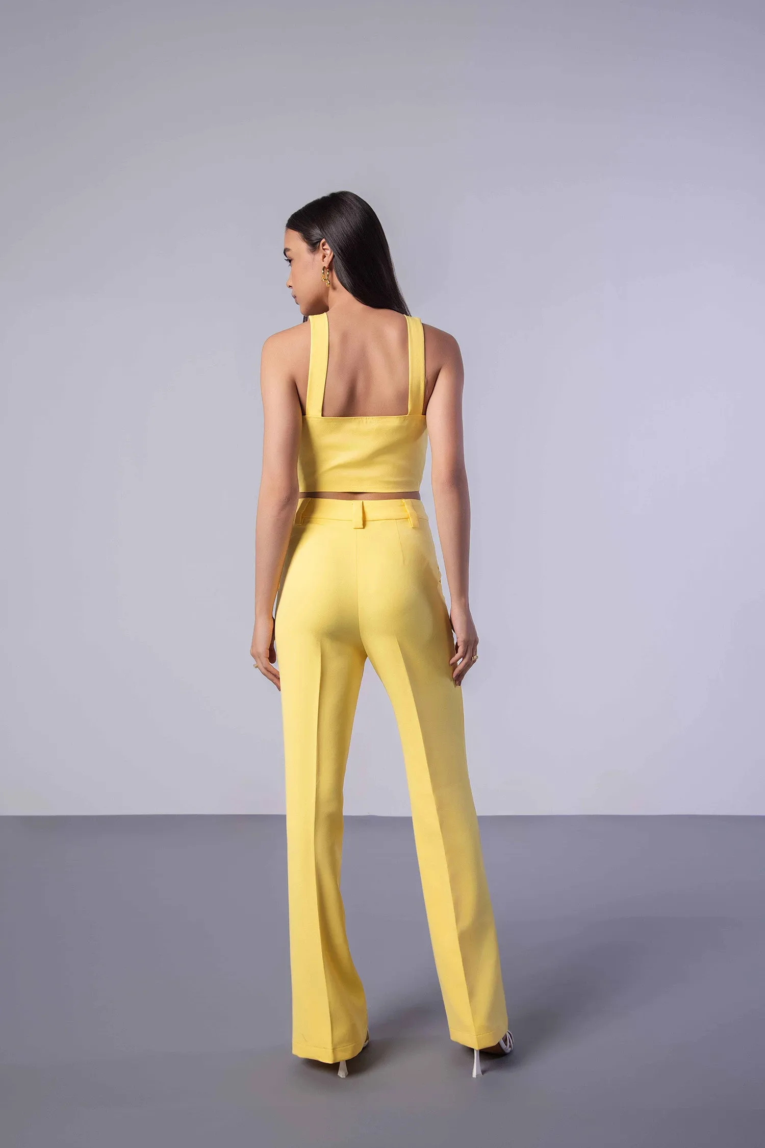 Yellow Trench Coat (Sleeveless) with Crop Top and Pants