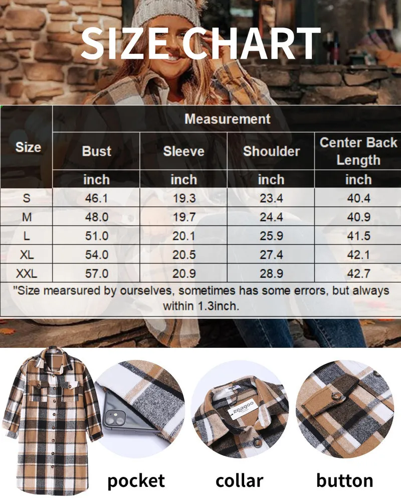 Zeagoo Women's 2023 Plaid Shacket Jacket Long Button Down Shirts Fall Casual Oversized Coat