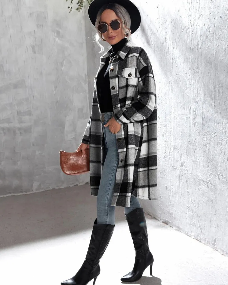 Zeagoo Women's 2023 Plaid Shacket Jacket Long Button Down Shirts Fall Casual Oversized Coat